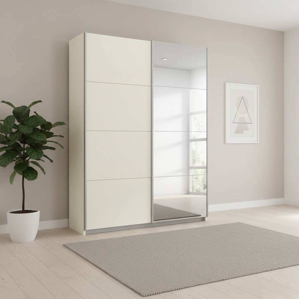 Rauch Impulse 2 Door 1 Mirror Door Sliding Wardrobe in Champagne styled in a modern room