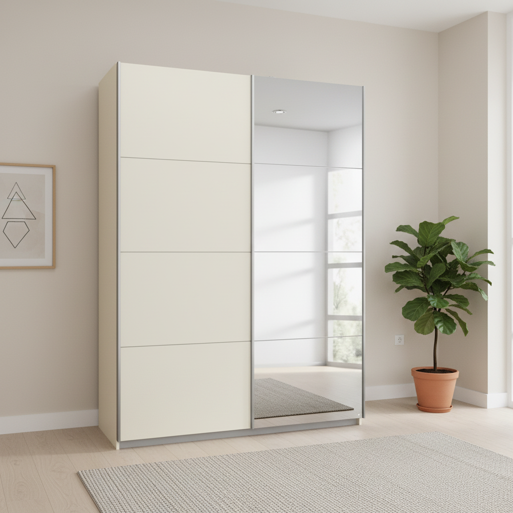 Rauch Impulse 2 Door 1 Mirror Door Sliding Wardrobe in Champagne Front view styled in a modern room