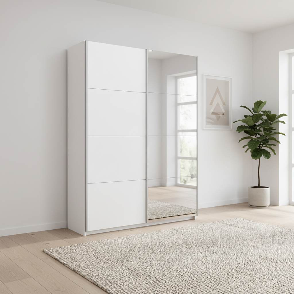 Rauch Impulse 2 Door 1 Mirror Door Sliding Wardrobe in White styled in a modern room
