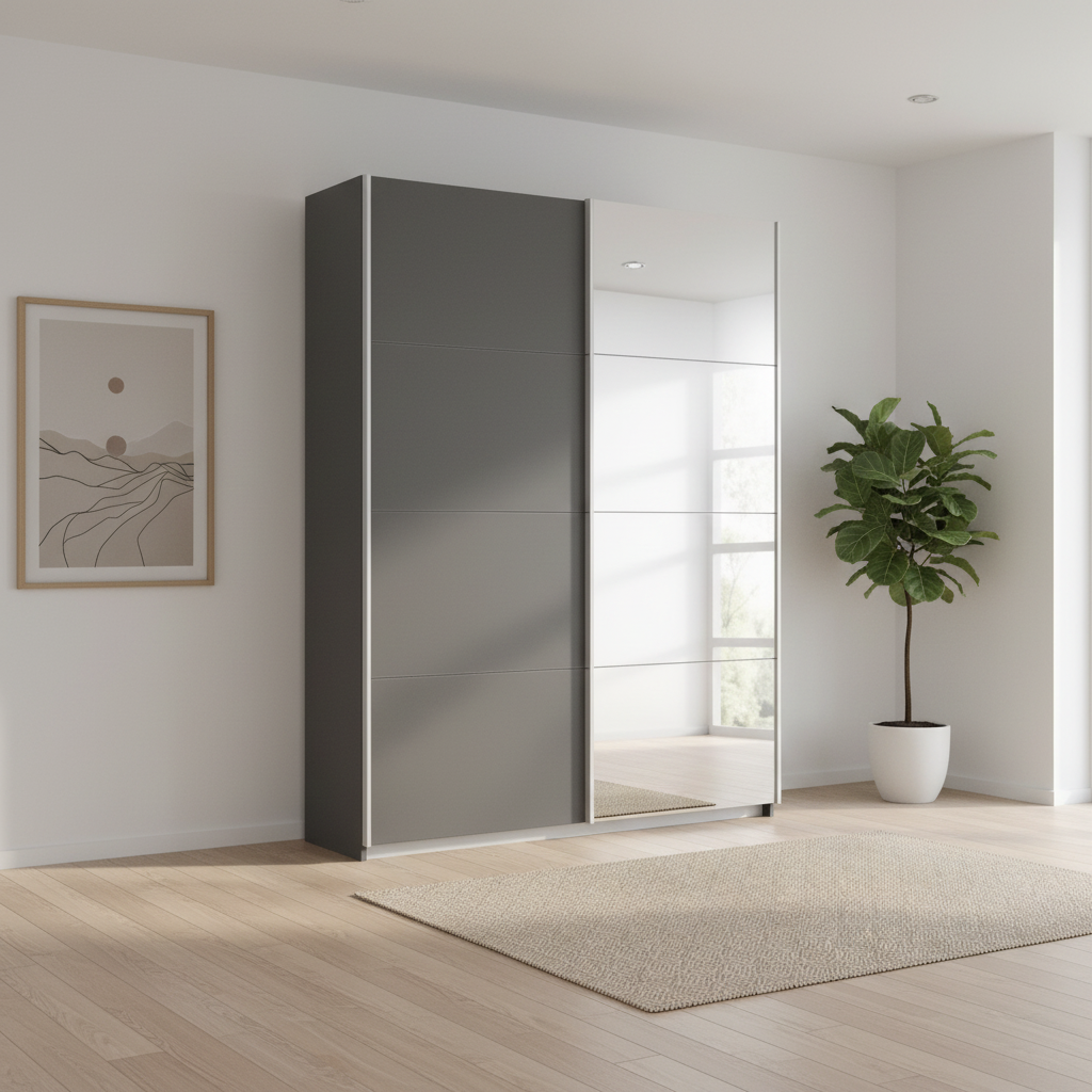 Rauch Impulse 2 Door 1 Mirror Door Sliding Wardrobe in Metallic Grey styled in a modern room