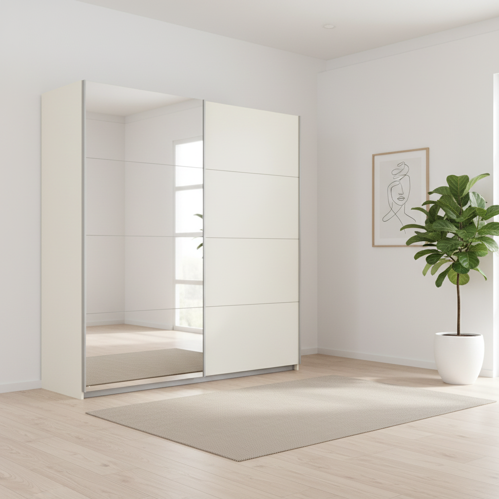 Rauch Impulse 2 Door 1 Mirror Door Sliding Wardrobe 181cm in Champagne styled in a modern room