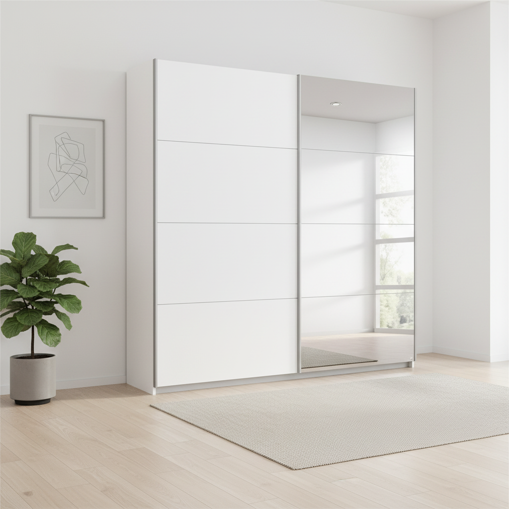 Rauch Impulse 2 Door 1 Mirror Door Sliding Wardrobe 181cm in White styled in a modern room