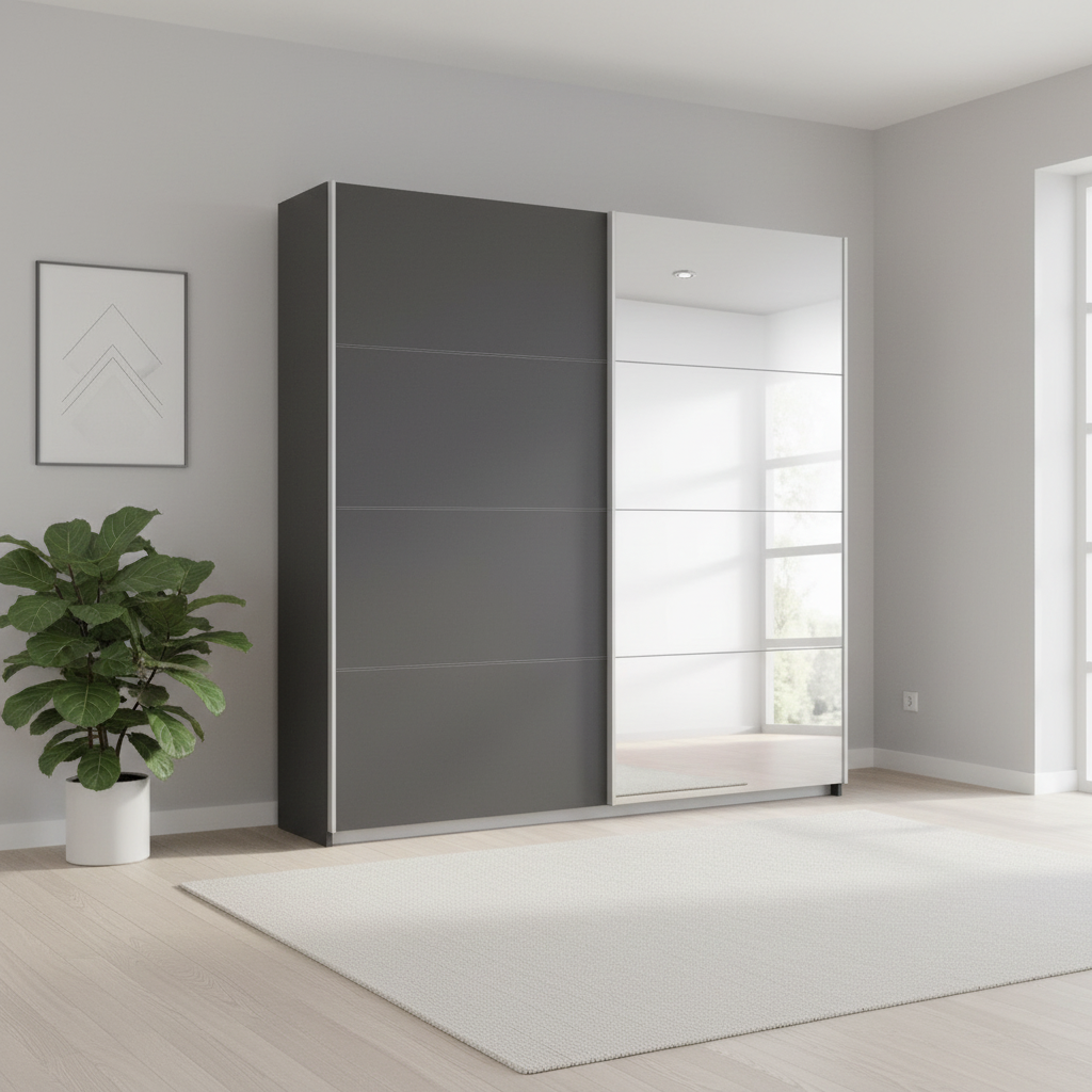 Rauch Impulse 2 Door 1 Mirror Door Sliding Wardrobe 181cm in Metallic Grey styled in a modern room