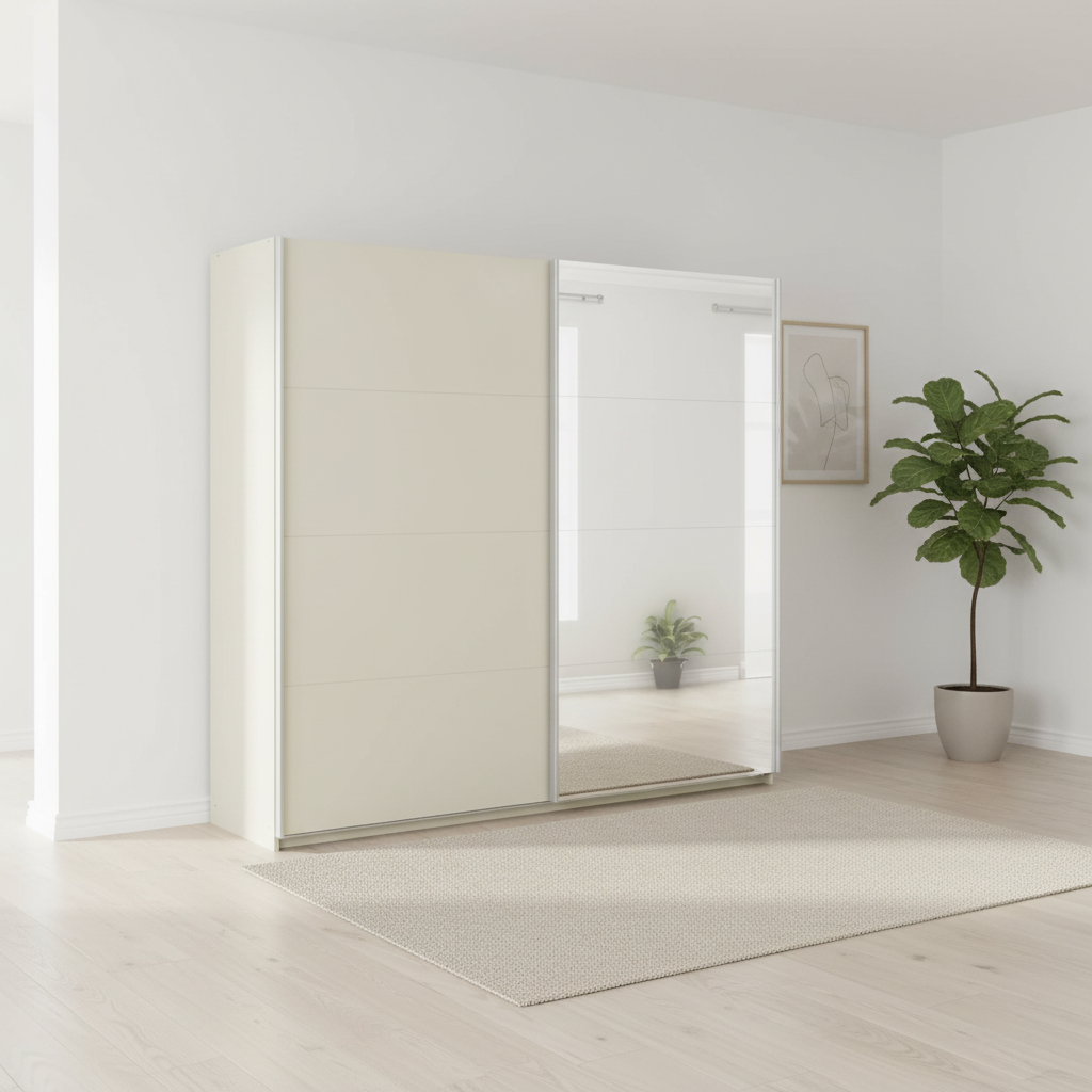 Rauch Impulse 2 Door 1 Mirror Door Sliding Wardrobe 226cm in Champagne styled in a modern room