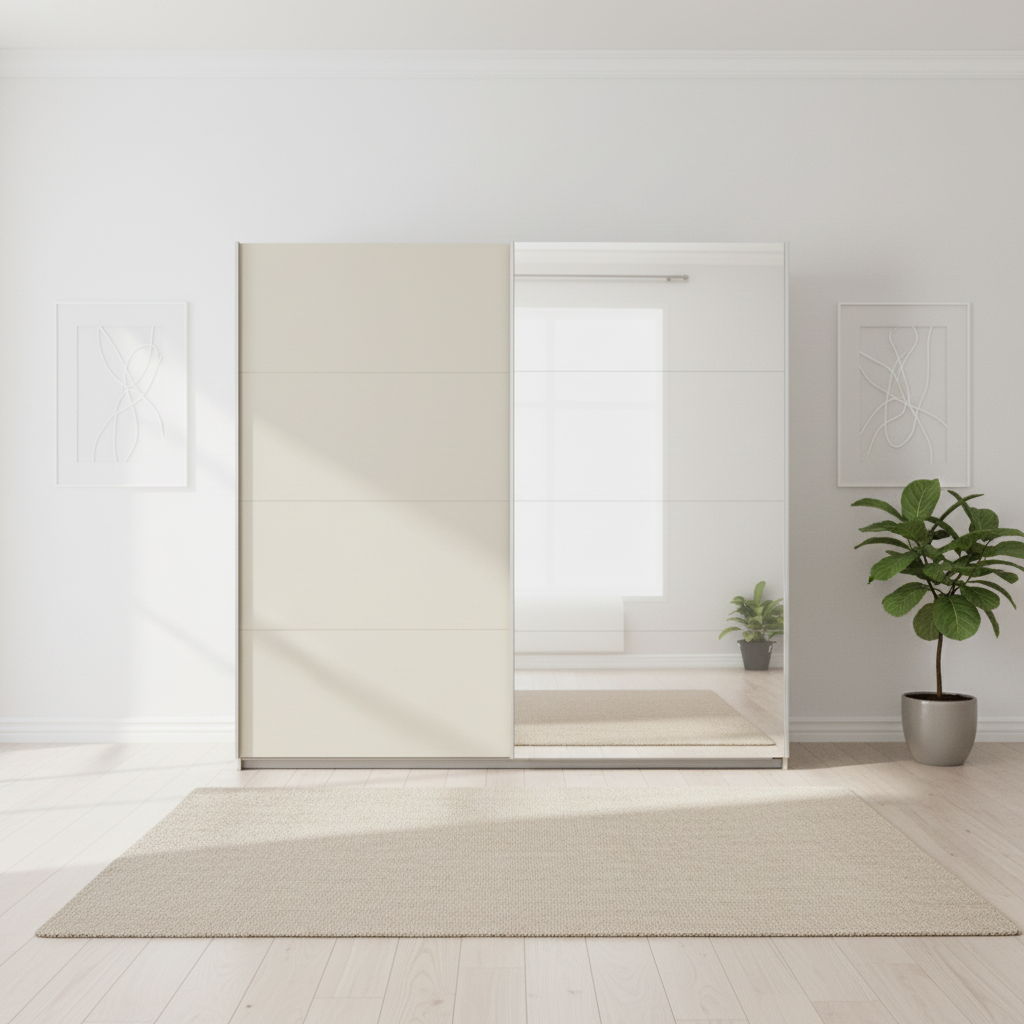 Rauch Impulse 2 Door 1 Mirror Door Sliding Wardrobe 226cm in Champagne Front view styled in a modern room