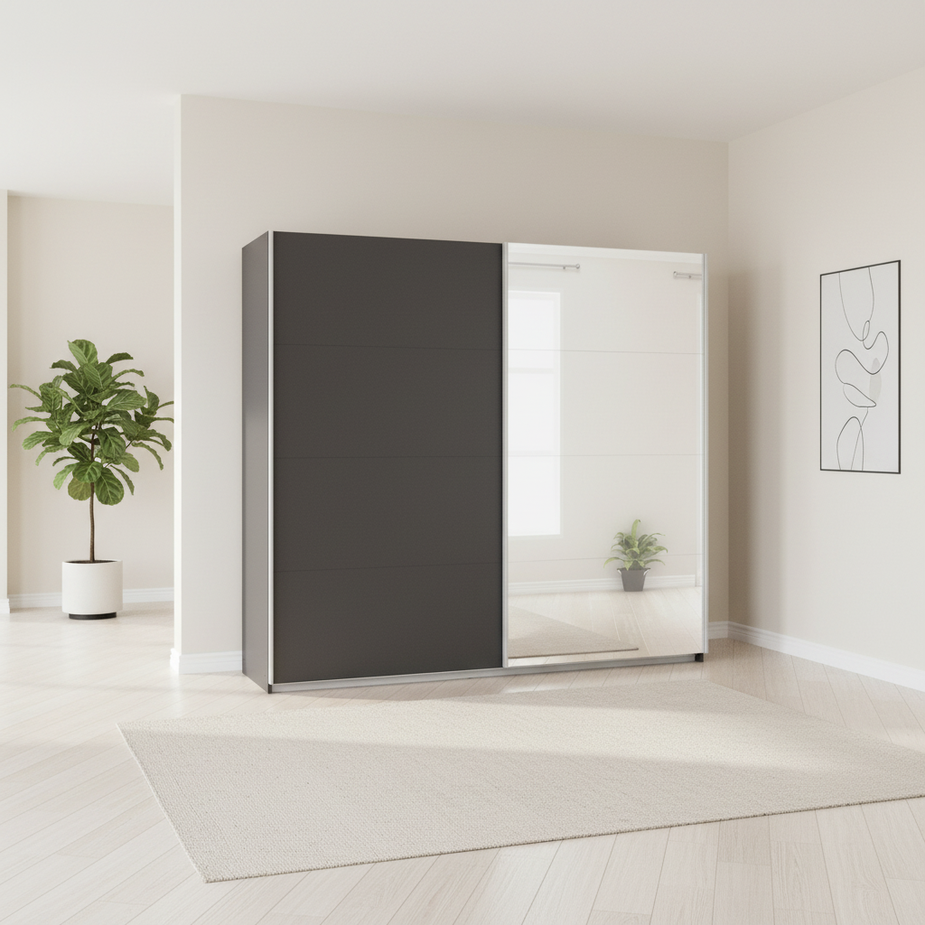 Rauch Impulse 2 Door 1 Mirror Door Sliding Wardrobe 226cm in Metallic Grey styled in a modern room