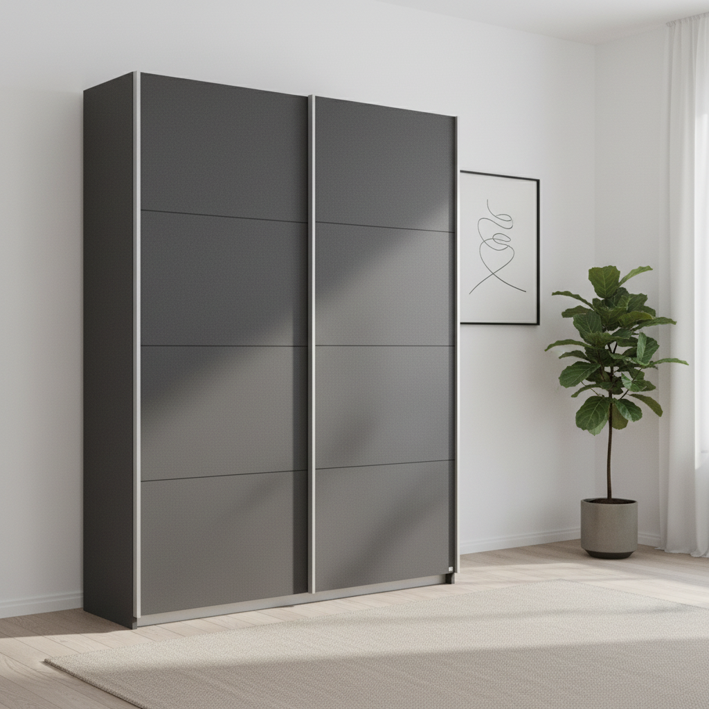 Rauch Impulse 2 Door Sliding Wardrobe in Metallic Grey styled in a modern room