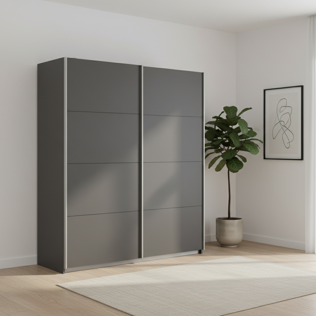 Rauch Impulse 2 Door Sliding Wardrobe 226cm  in Metallic Grey styled in a modern room