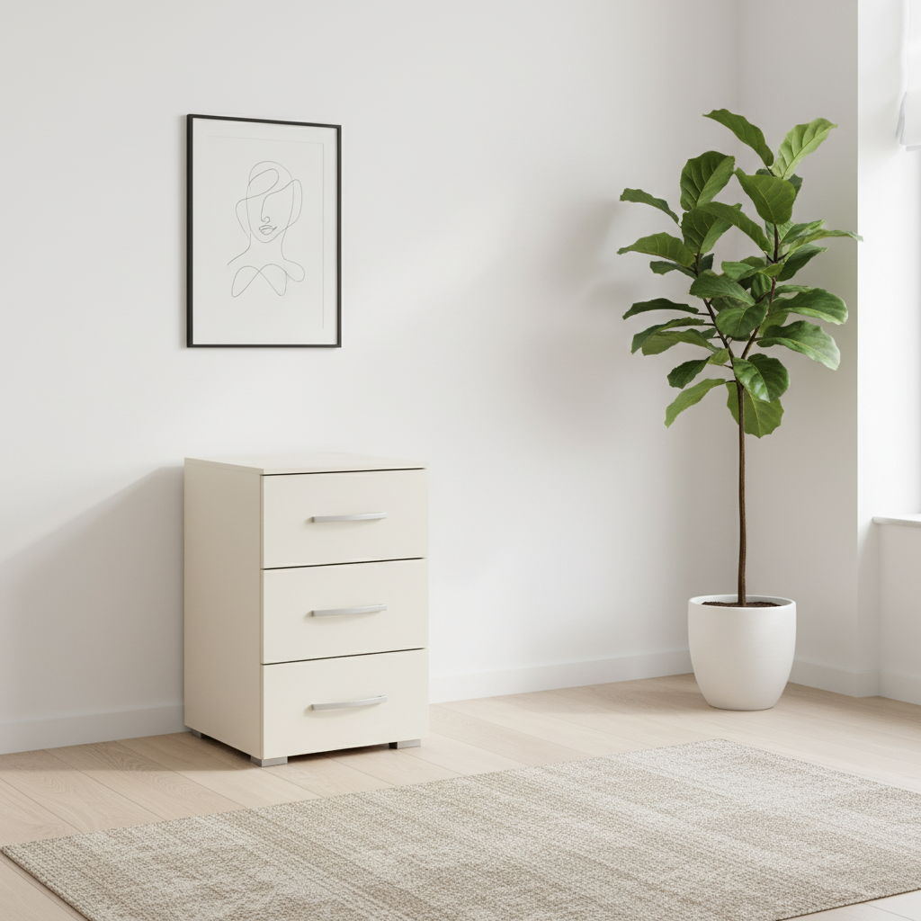 Rauch Impulse 3 Drawer Bedside Table in Champagne styled in a modern room