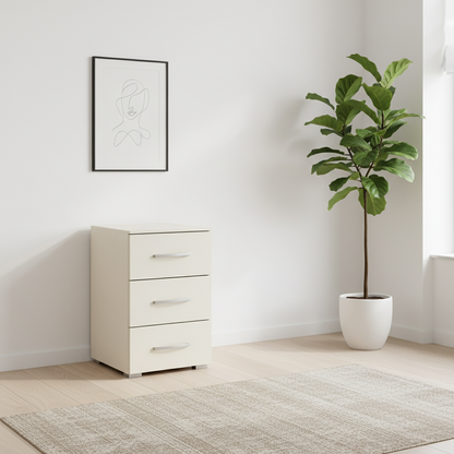 Rauch Impulse 3 Drawer Bedside Table in Champagne styled in a modern room