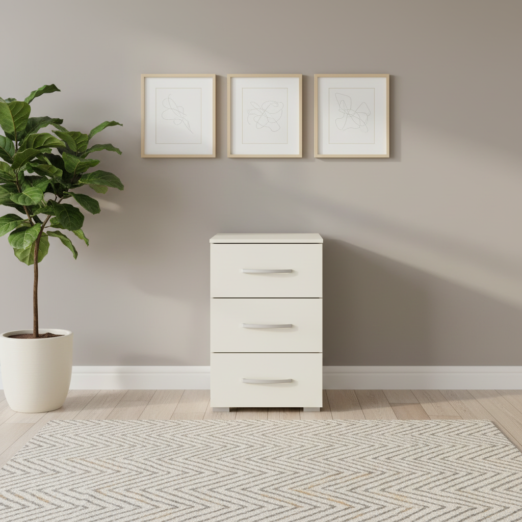 Rauch Impulse 3 Drawer Bedside Table in Champagne Front view styled in a modern room