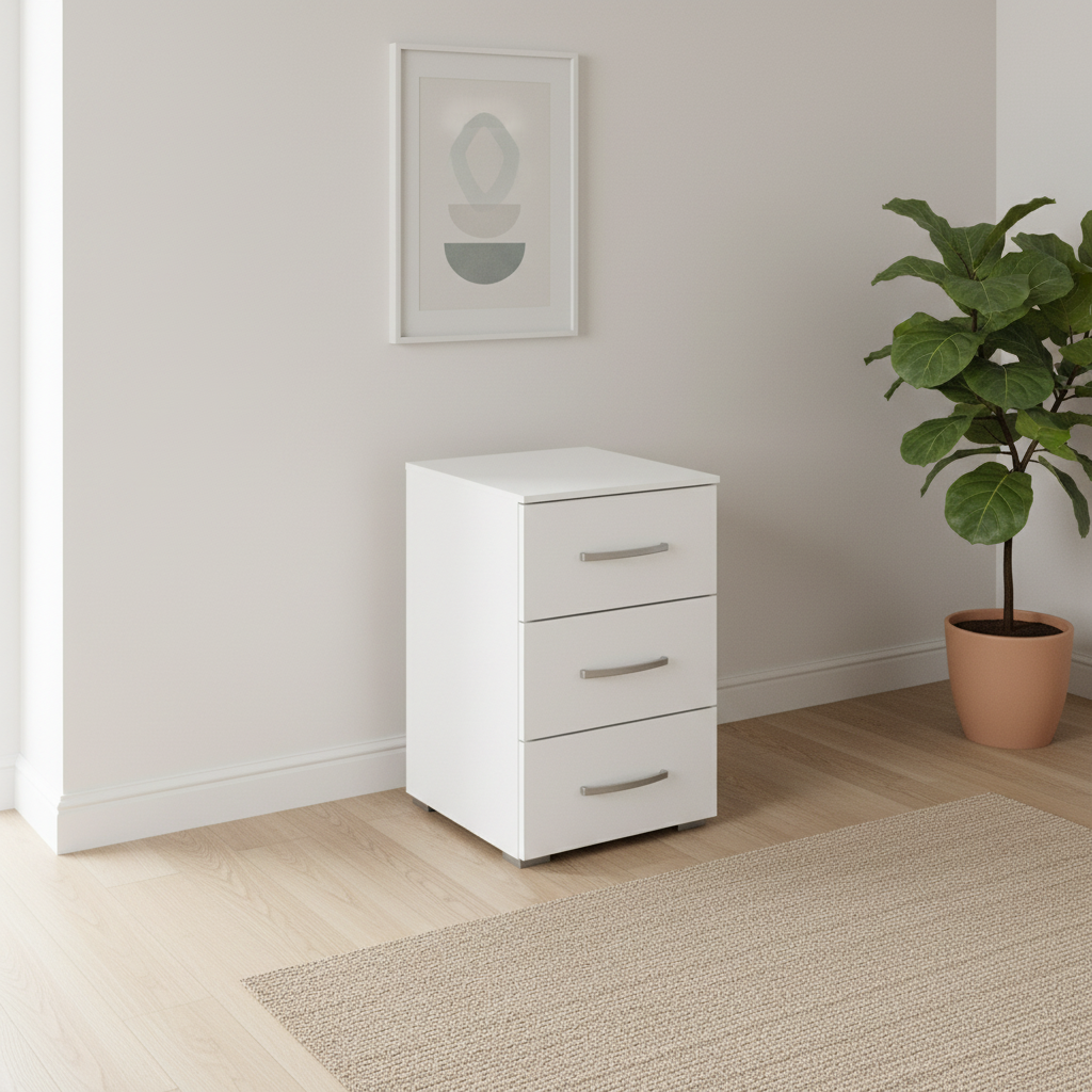 Rauch Impulse 3 Drawer Bedside Table in White styled in a modern room