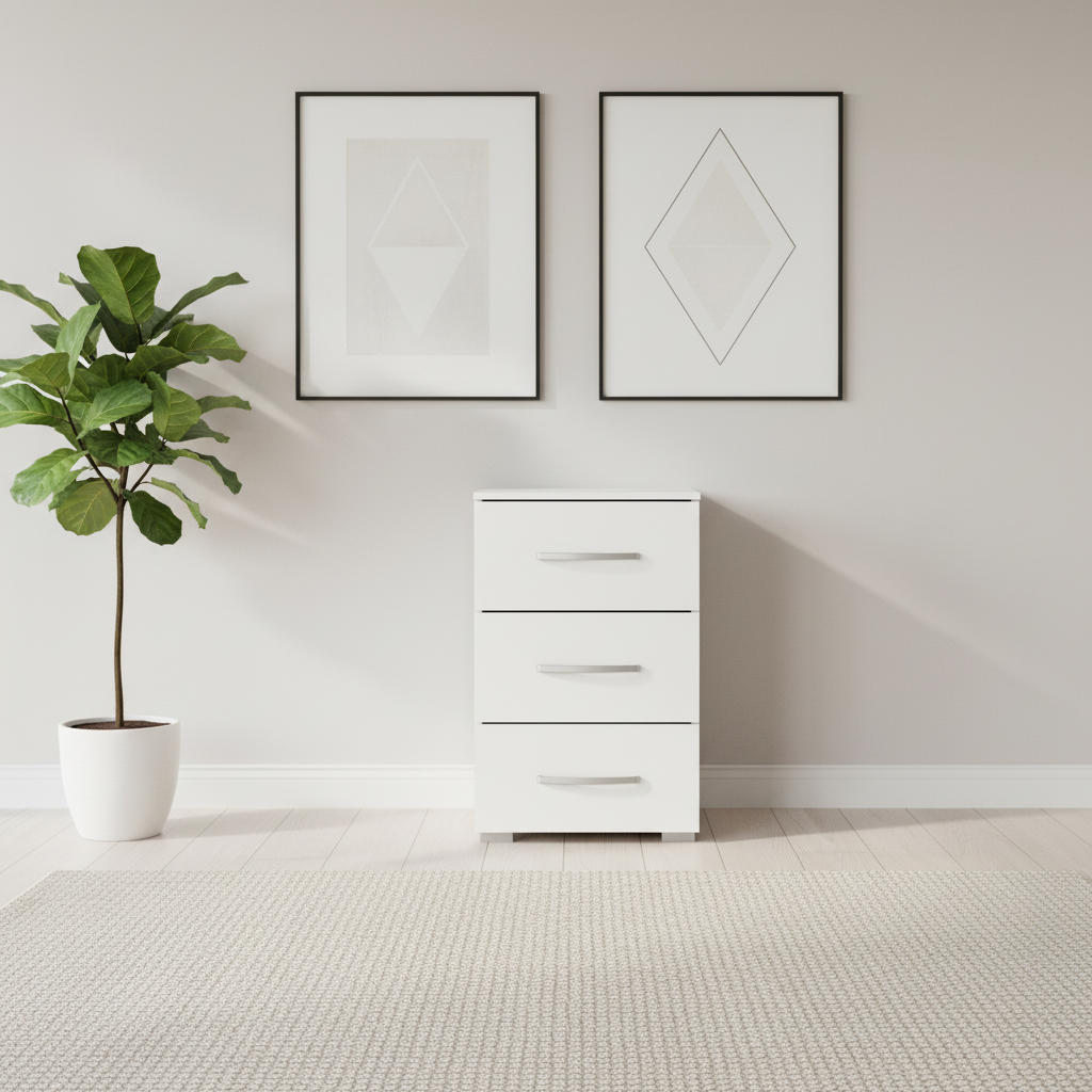 Rauch Impulse 3 Drawer Bedside Table in White Front view styled in a modern room