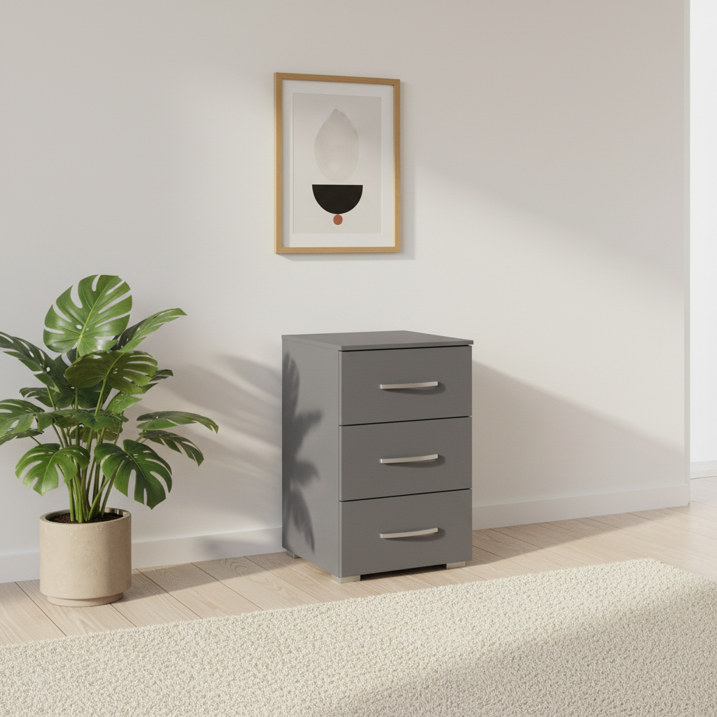 Rauch Impulse 3 Drawer Bedside Table in Metallic Grey styled in a modern room