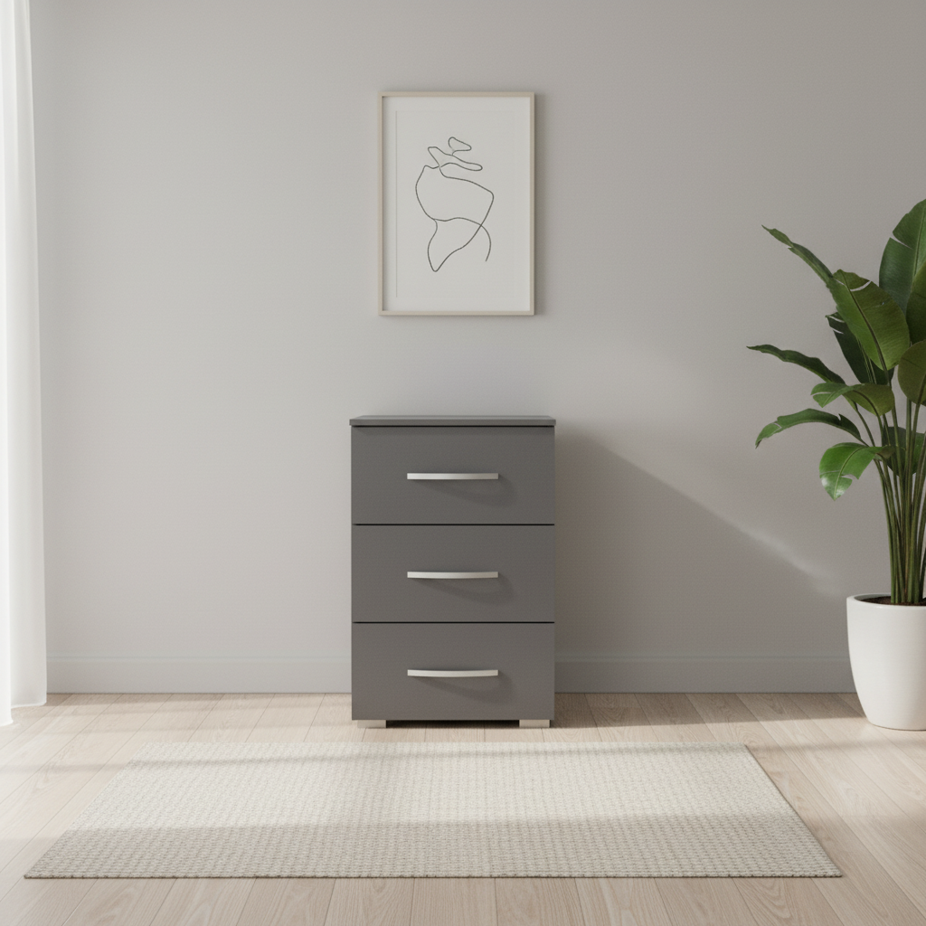 Rauch Impulse 3 Drawer Bedside Table in Metallic Grey Front view styled in a modern room