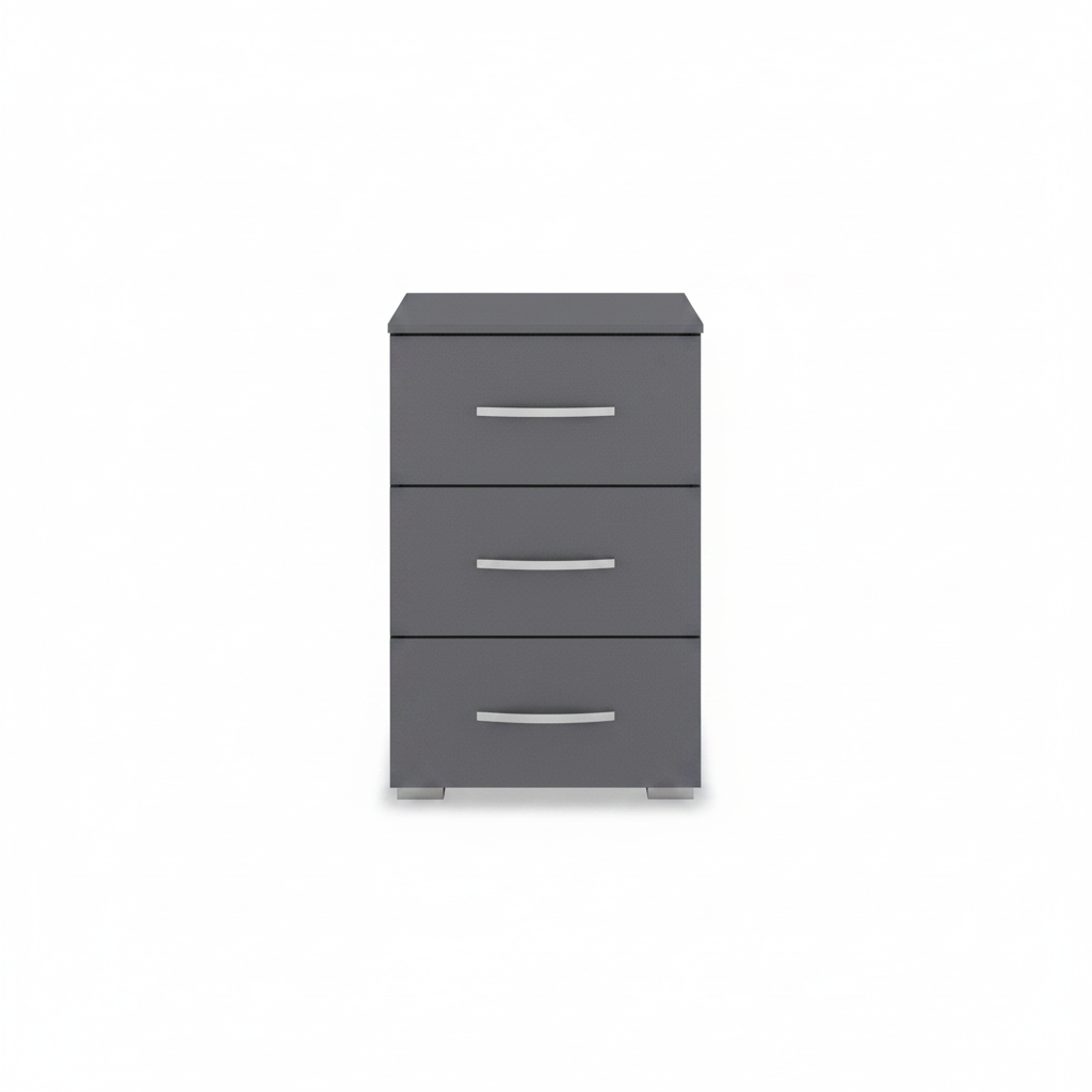 Rauch Impulse 3 Drawer Bedside Table in Metallic Grey Front view