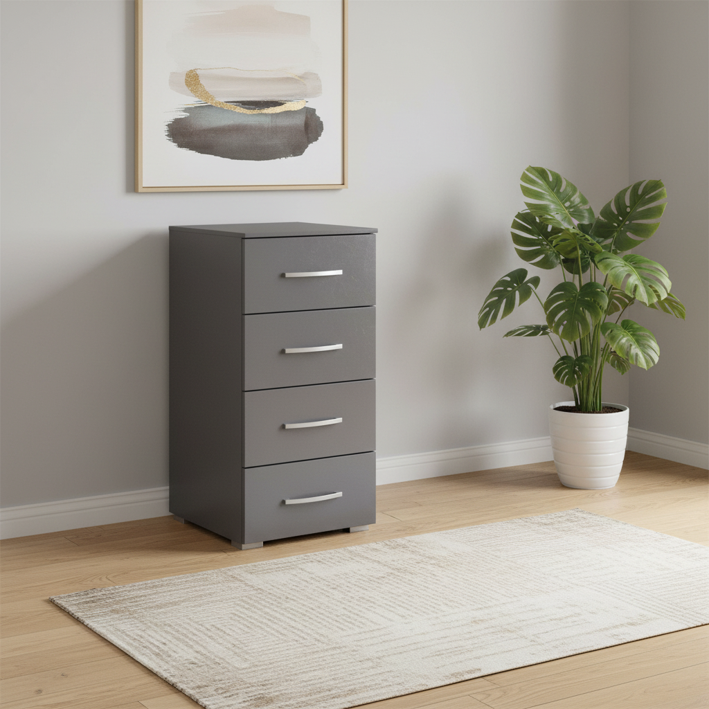 Rauch Impulse 4 Drawer Chest 40cm in Metallic Grey styled in a modern room