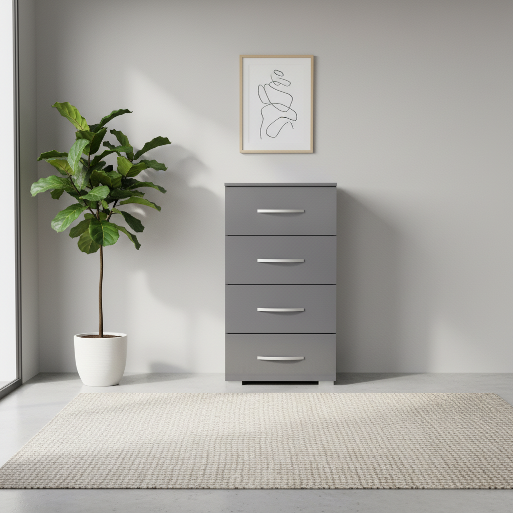 Rauch Impulse 4 Drawer Chest 40cm in Metallic Grey Front view styled in a modern room