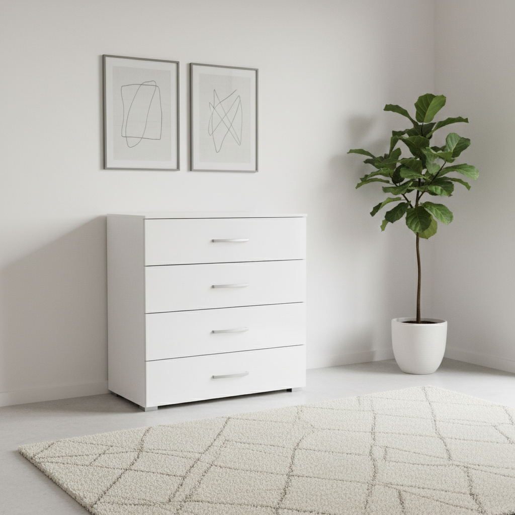 Rauch Impulse 4 Drawer Chest 80cm in White styled in a modern room