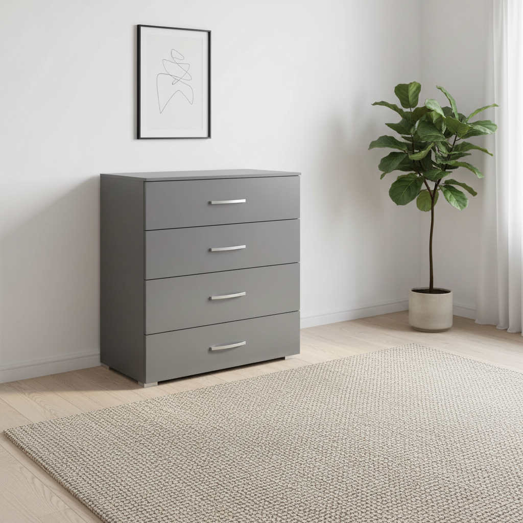 Rauch Impulse 4 Drawer Chest 80cm in Metallic Grey styled in a modern room