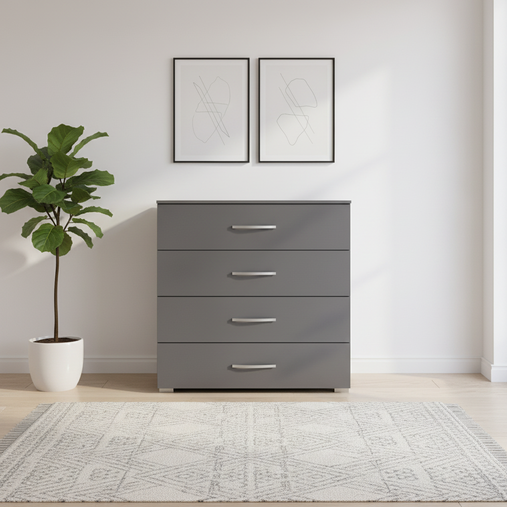 Rauch Impulse 4 Drawer Chest 80cm in Metallic Grey front view styled in a modern room