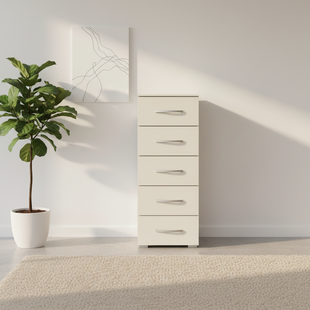 Rauch Impulse 5 Drawer Chest 40cm in Champagne front view styled in a modern room