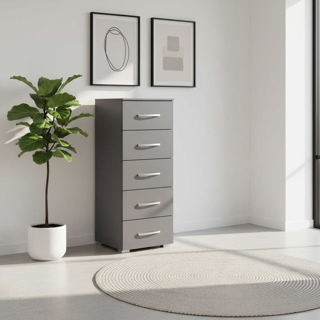 Rauch Impulse 5 Drawer Chest 40cm in Metallic Grey styled in a modern room