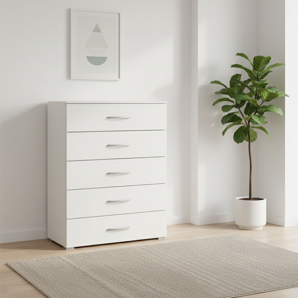 Rauch Impulse 5 Drawer Chest 80cm in White styled in a modern room