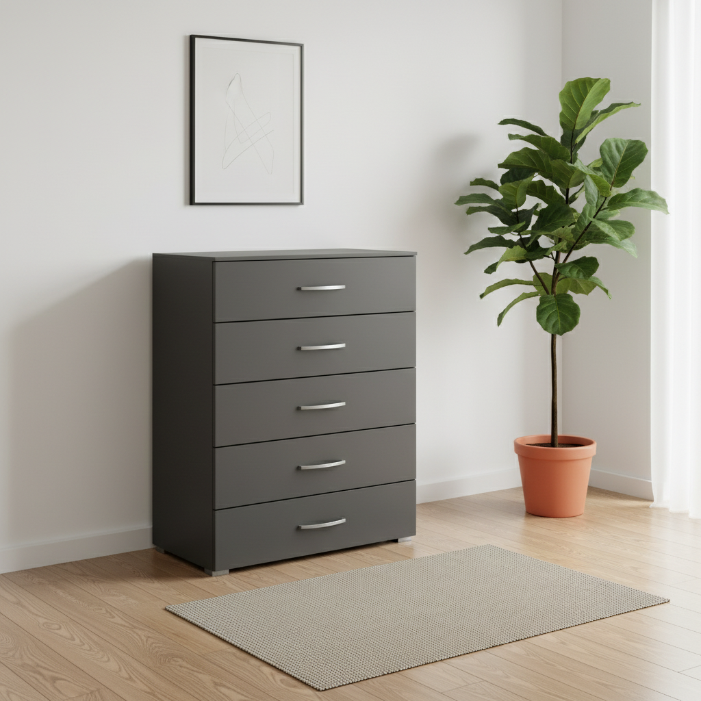 Rauch Impulse 5 Drawer Chest 80cm in Metallic Grey styled in a modern room