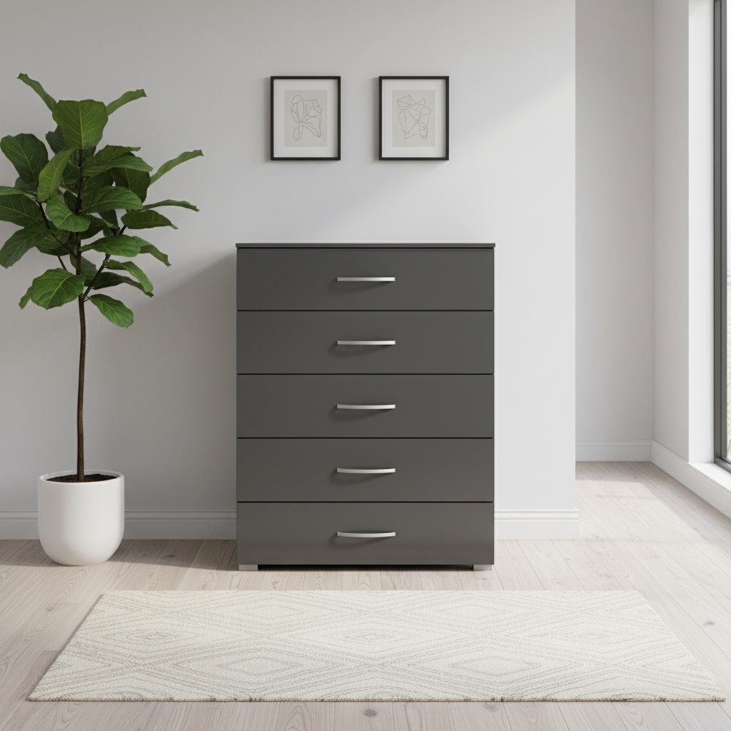 Rauch Impulse 5 Drawer Chest 80cm in Metallic Grey front view styled in a modern room