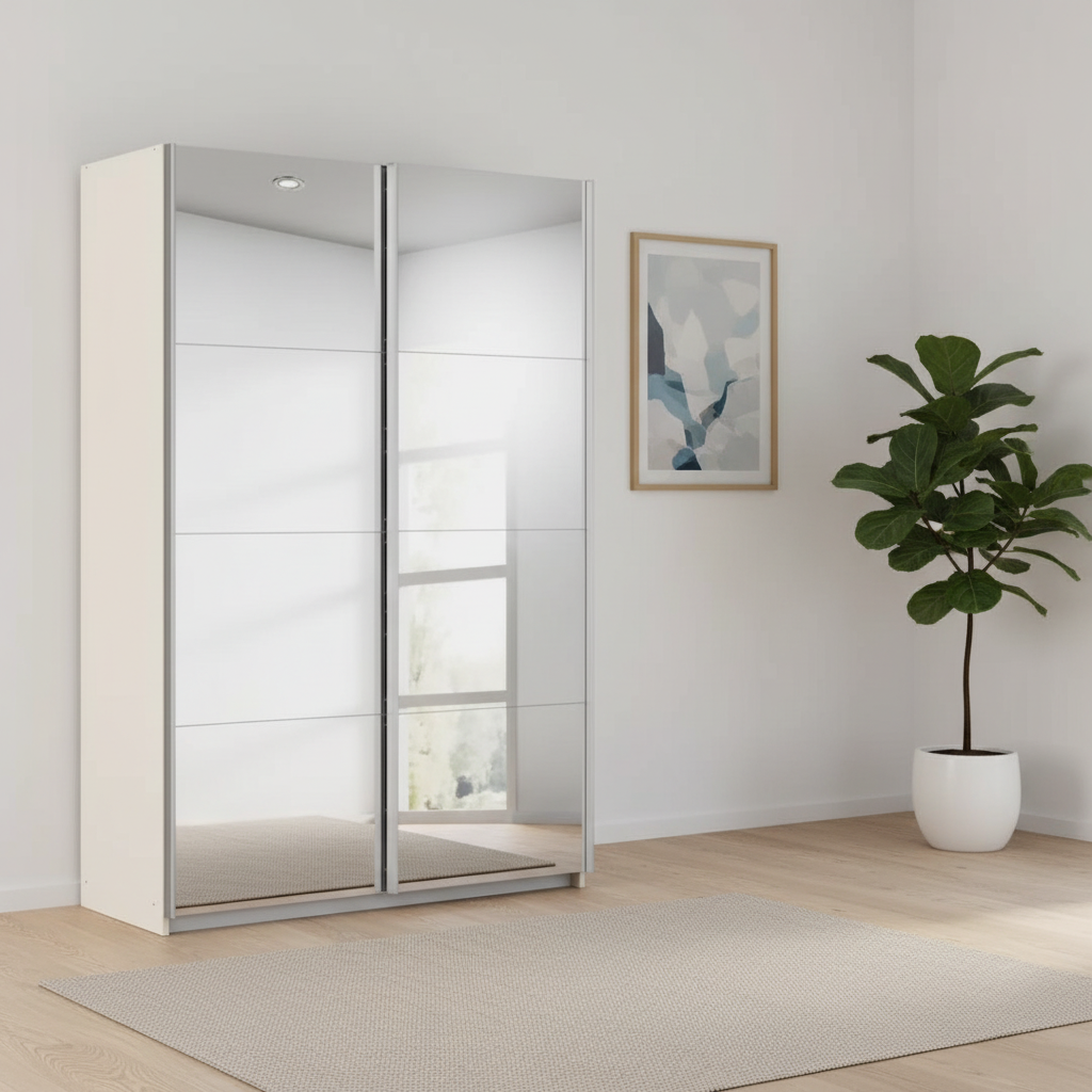 Rauch Impulse Full Mirror 2 Door Sliding Wardrobe in Champagne Carcase styled in a modern room