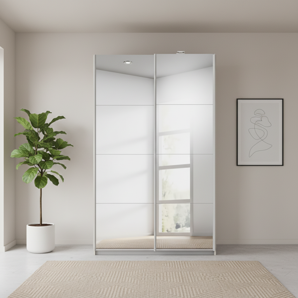 Rauch Impulse Full Mirror 2 Door Sliding Wardrobe in Champagne Carcase Front view styled in a modern room