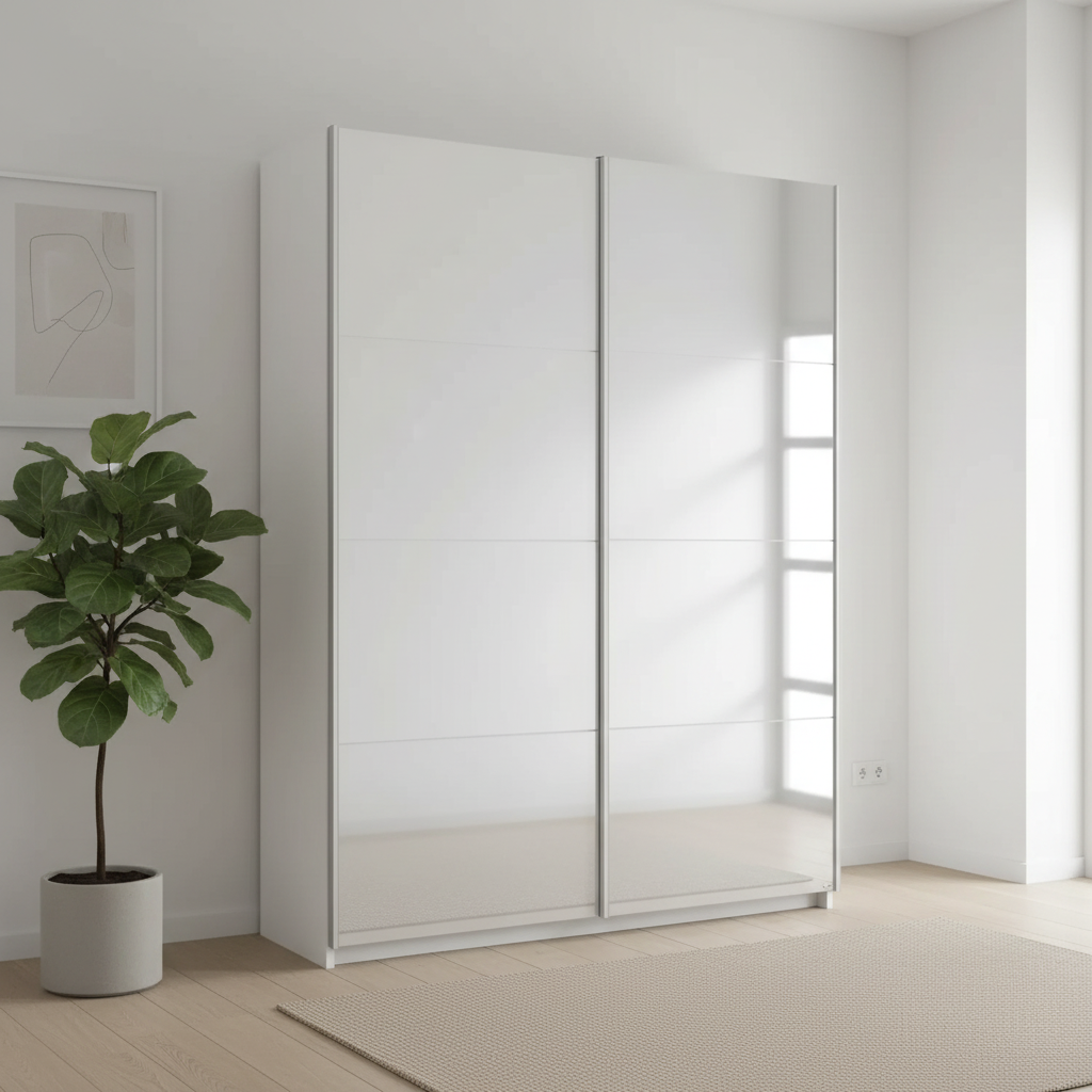 Rauch Impulse Full Mirror 2 Door Sliding Wardrobe in White Carcase styled in a modern room