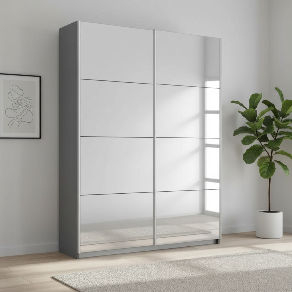 Rauch Impulse Full Mirror 2 Door Sliding Wardrobe in Metallic Grey Carcase styled in a modern room