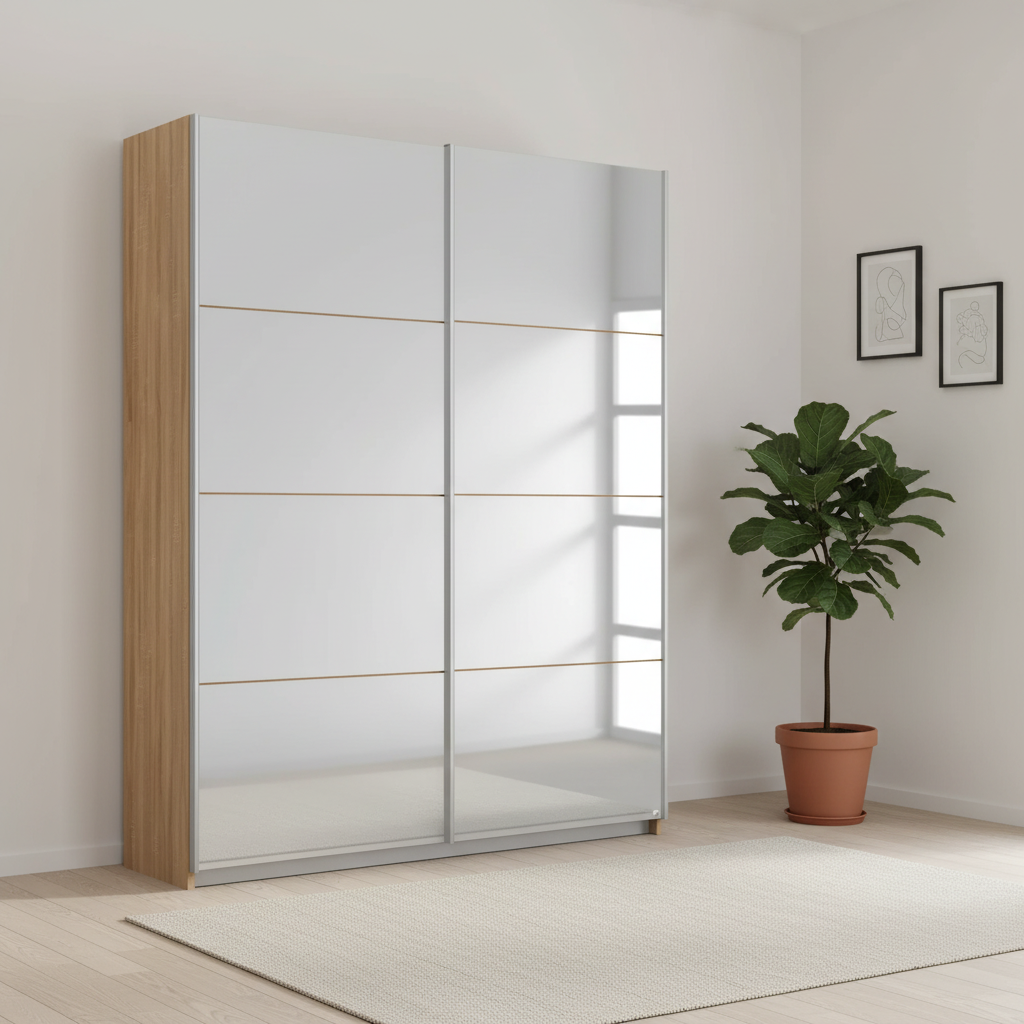 Rauch Impulse Full Mirror 2 Door Sliding Wardrobe in Oak Carcase styled in a modern room