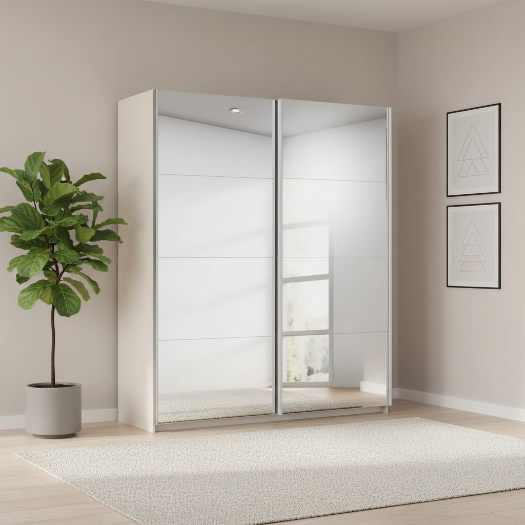 Rauch Impulse Full Mirror 2 Door Sliding Wardrobe 181cm in Champagne Carcase styled in a modern room