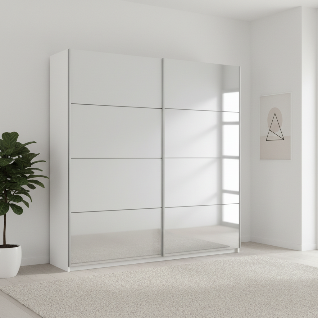Rauch Impulse Full Mirror 2 Door Sliding Wardrobe 181cm in White Carcase styled in a modern room