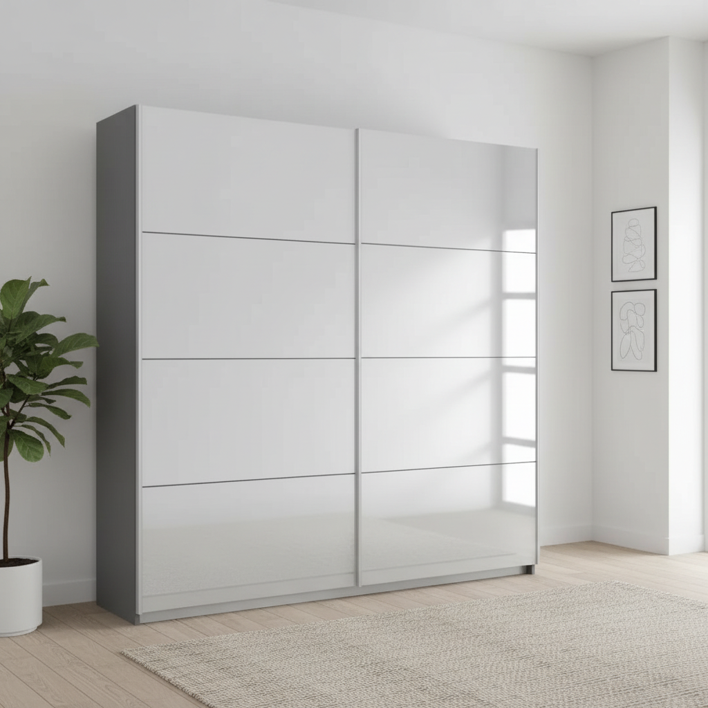 Rauch Impulse Full Mirror 2 Door Sliding Wardrobe 181cm in Metallic Grey Carcase styled in a modern room