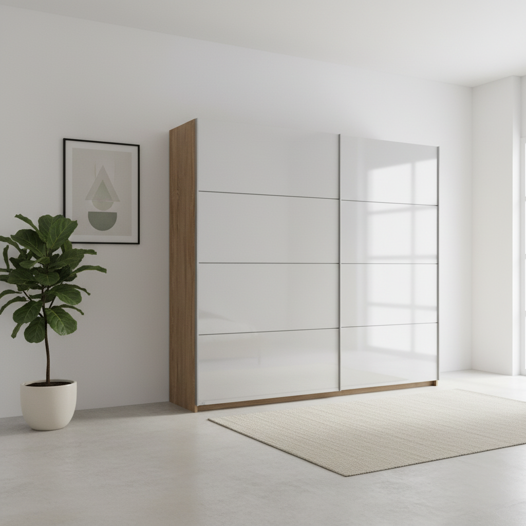Rauch Impulse Full Mirror 2 Door Sliding Wardrobe 181cm in Oak Carcase styled in a modern room