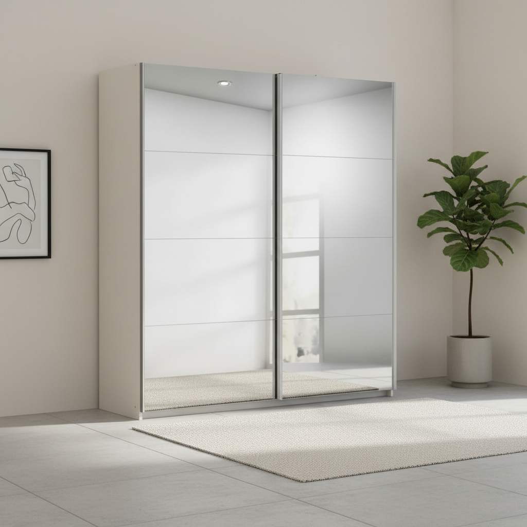 Rauch Impulse Full Mirror 2 Door Sliding Wardrobe 226cm in Champagne Carcase styled in a modern room