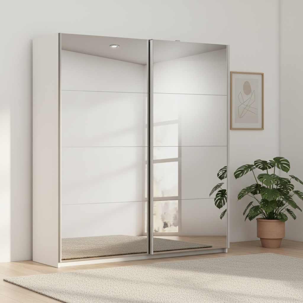 Rauch Impulse Full Mirror 2 Door Sliding Wardrobe 226cm in White Carcase styled in a modern room