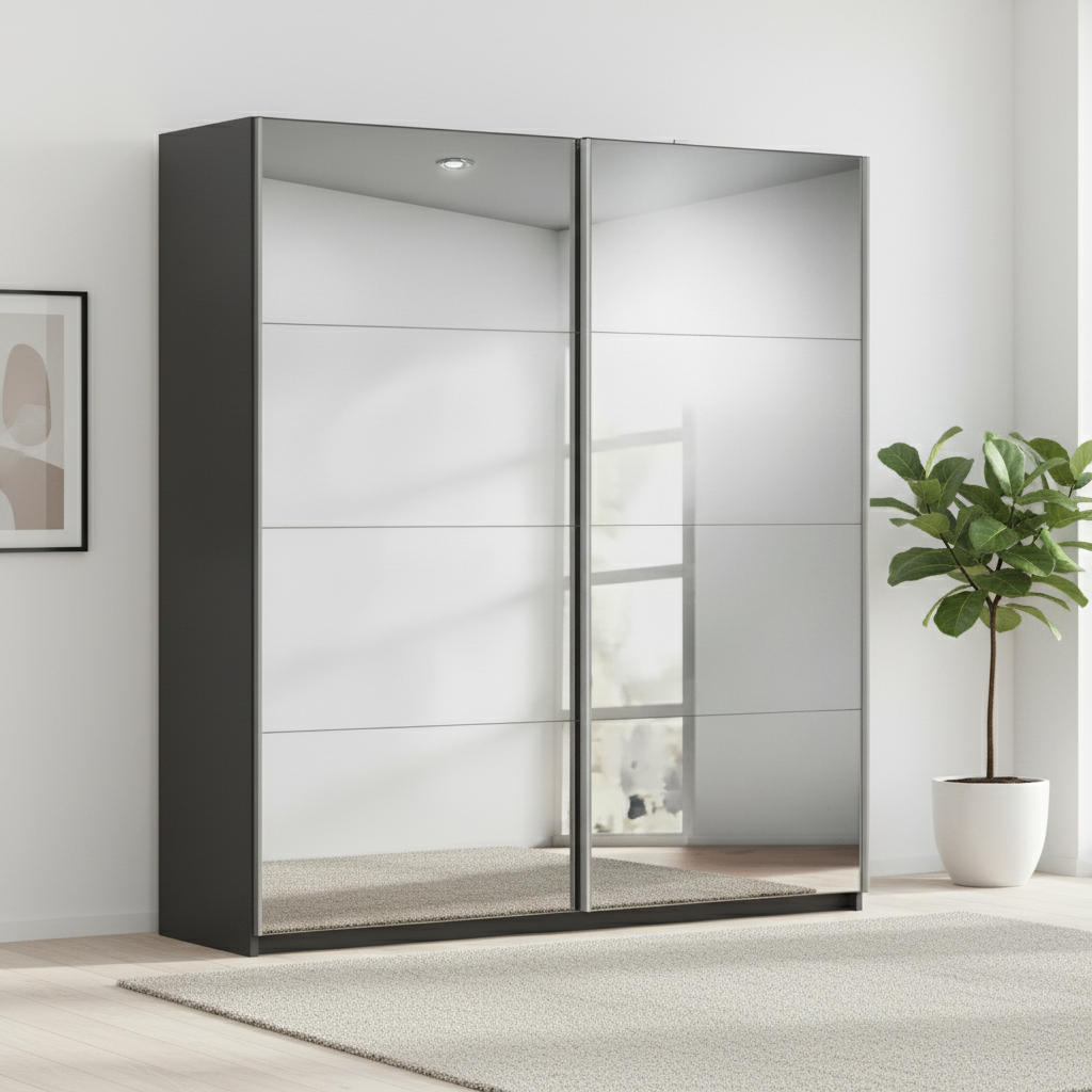 Rauch Impulse Full Mirror 2 Door Sliding Wardrobe 226cm in Metallic Grey Carcase styled in a modern room