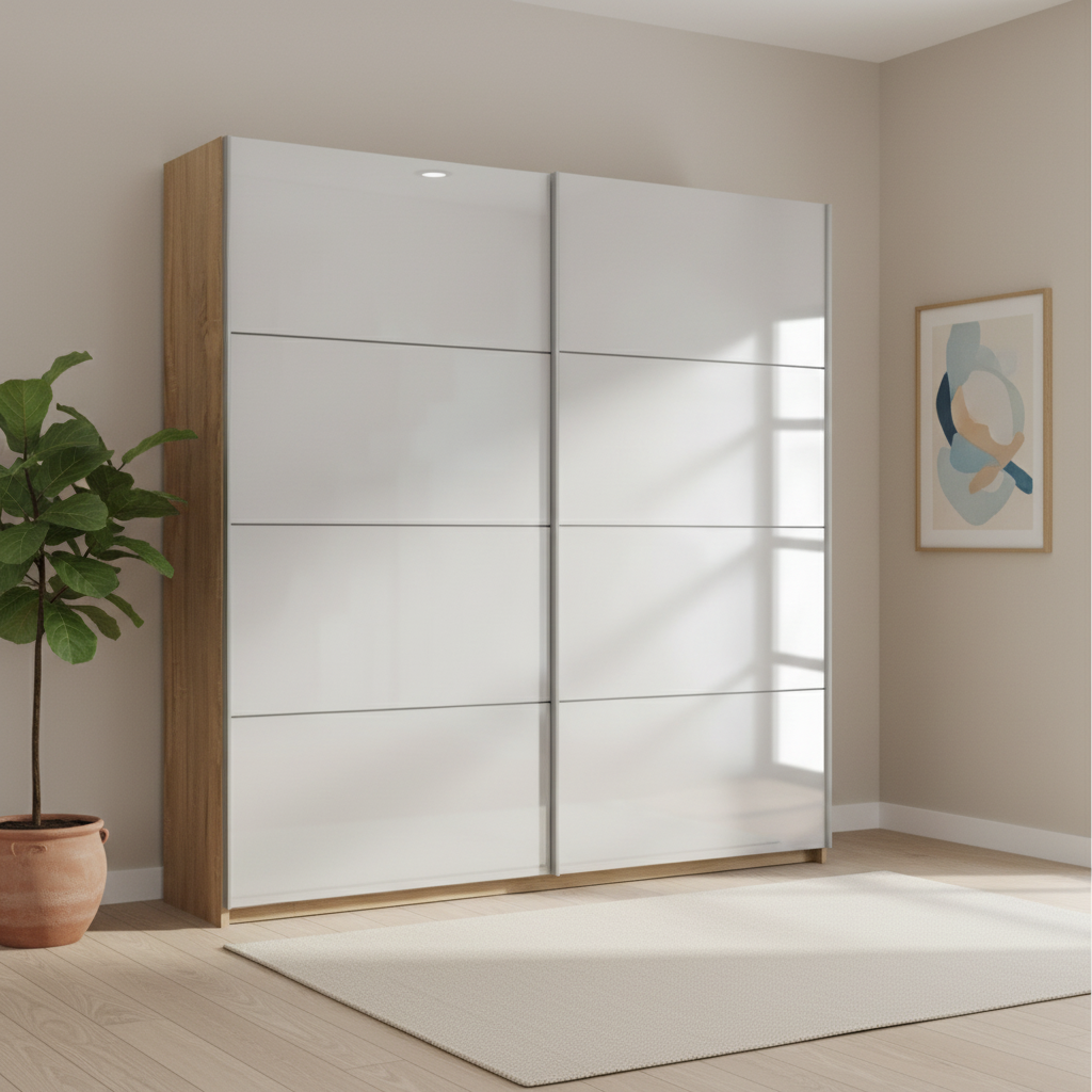 Rauch Impulse Full Mirror 2 Door Sliding Wardrobe 226cm in Oak Carcase styled in a modern room