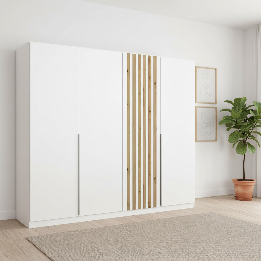 Rauch Lamela 4 door hinged wardrobe in Alpine White styled in a modern room