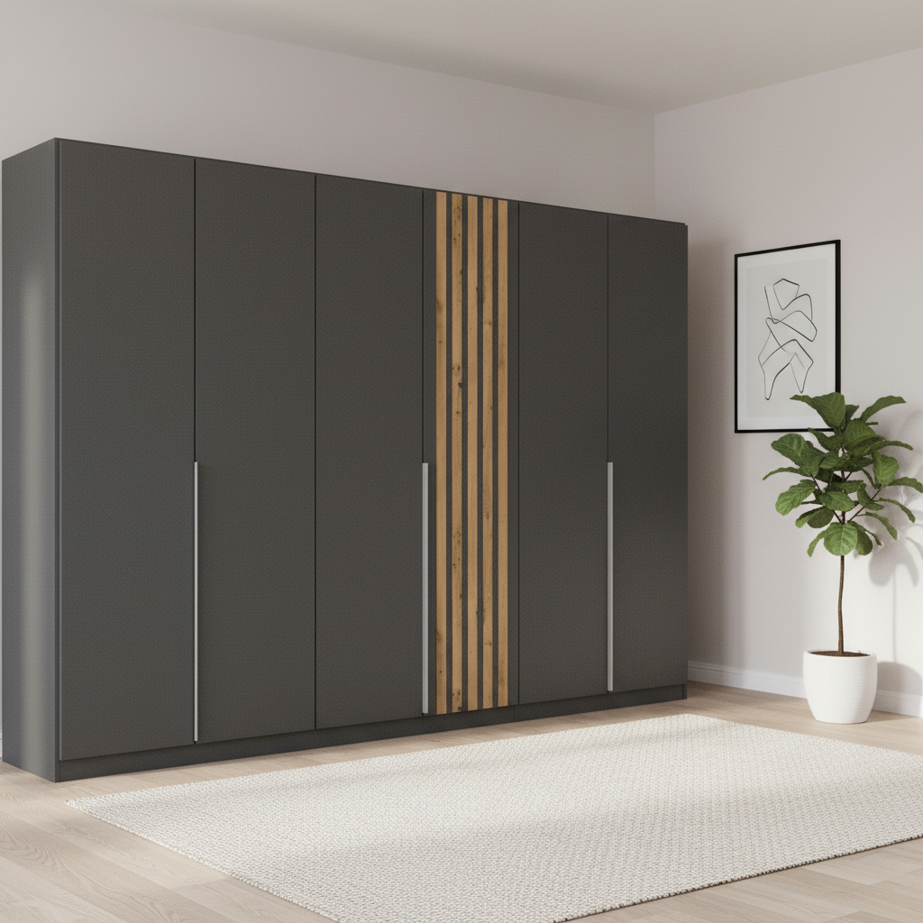 Rauch Lamela 6 door hinged wardrobe in Metallic Grey styled in a modern room