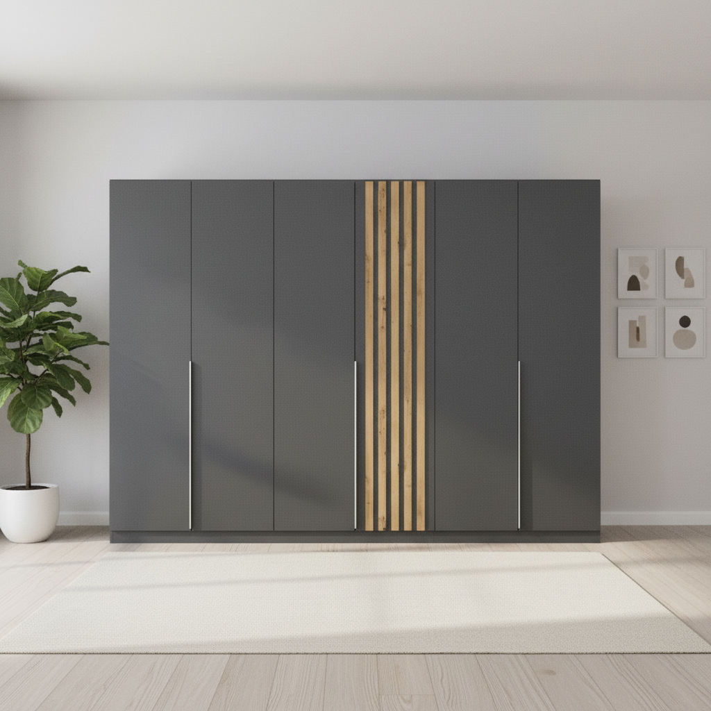 Rauch Lamela 6 door hinged wardrobe in Metallic Grey front view styled in a modern room