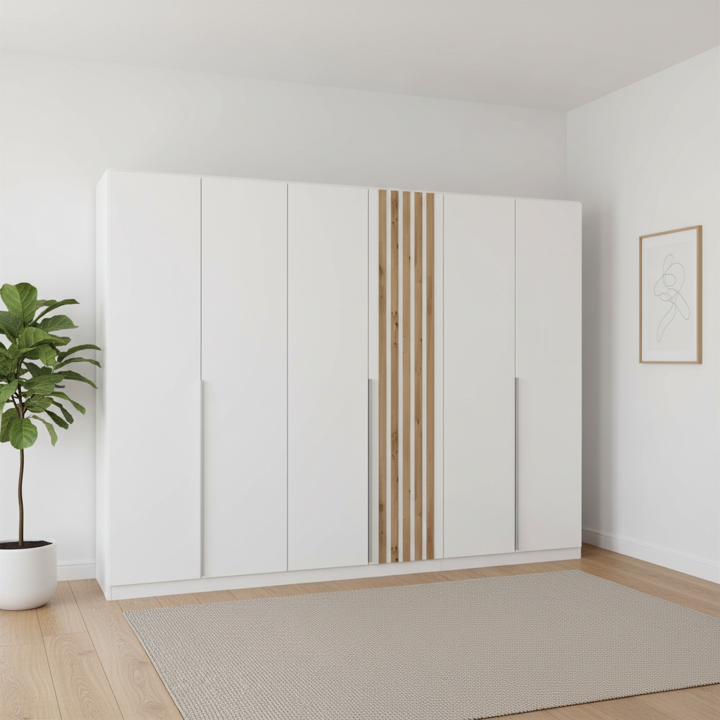 Rauch Lamela 6 door hinged wardrobe in Alpine white styled in a modern room