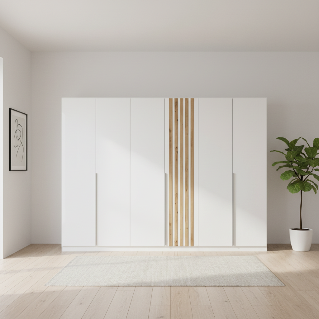 Rauch Lamela 6 door hinged wardrobe in Alpine White front view styled in a modern room