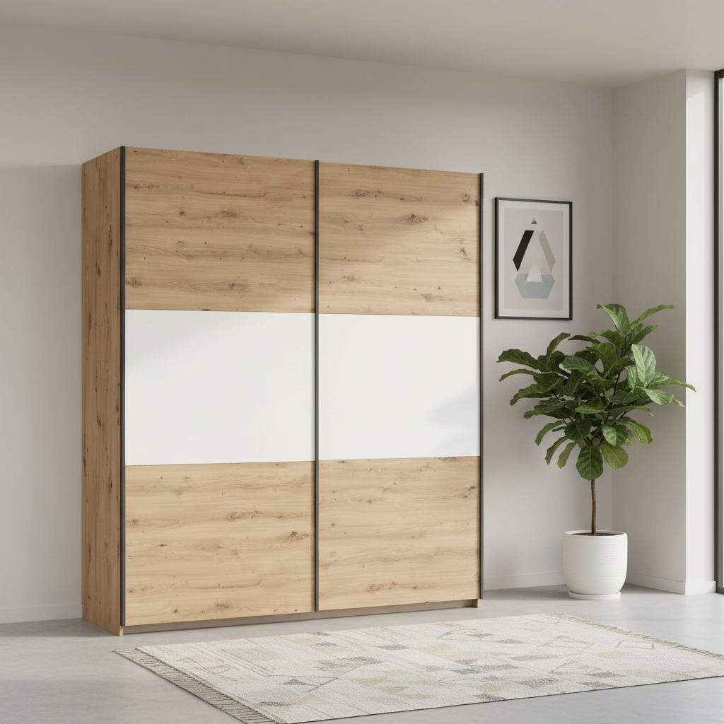 Rauch Neo 2 Door Sliding Wardrobe in Artisan Oak with White Panels styled in a modern room