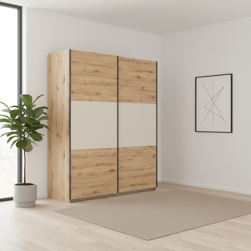 Rauch Neo 2 Door Sliding Wardrobe in Artisan Oak with Champagne Panels styled in a modern room